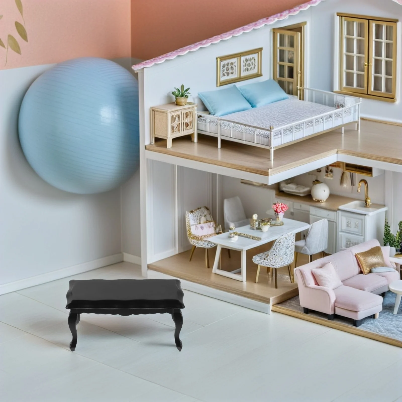 

2Pcs Miniature Dollhouse Furniture Wooden Desk 1:12 Scale Realistic Wave Style Coffee Table Decor for Living Room Centerpiece