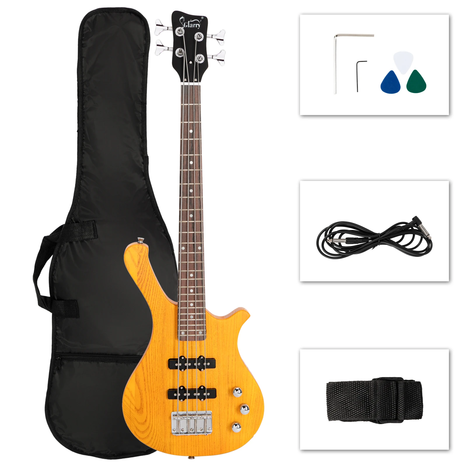 36in Small Scale Electric Bass Guitar Suit With Mahogany Body SS Pickups, Guitar Bag, Strap, Cable Transparent Yellow