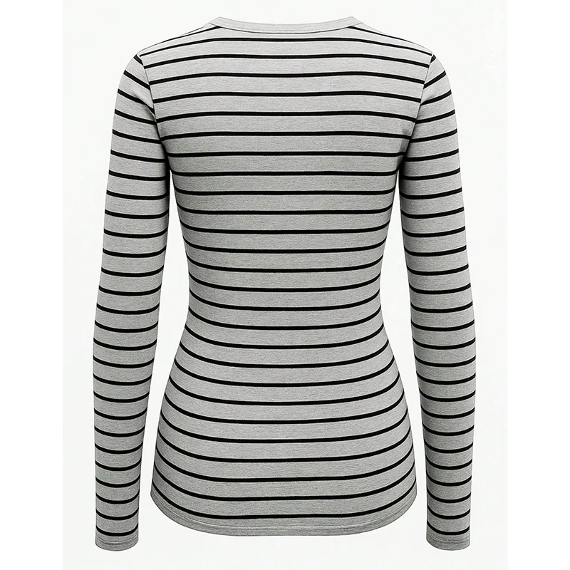 Striped Long Sleeve Top Women Korean Style Vintage Slim Fit Work Wear V Neck Button Autumn Winter Base Layer T-Shirt Y2K Tops