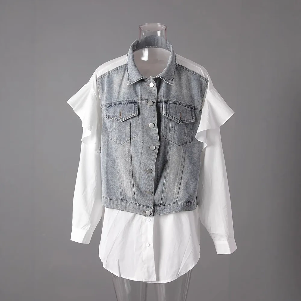 

SuperAen American High Street Design Denim Patchwork White Shirt for Women Spring and Autumn 2025 New Asymmetrical Casual Shirts