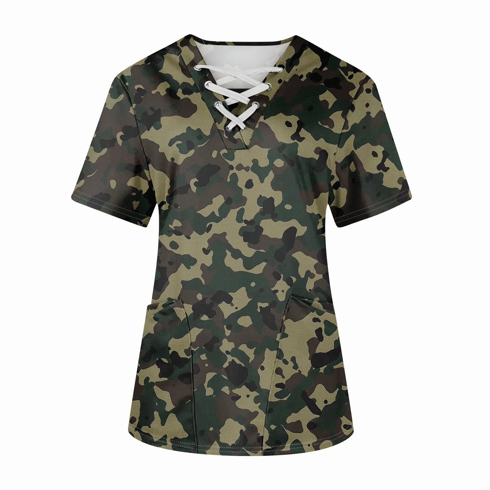 เสื้อทำงานพิมพ์ลายพรางแบบหลวมๆ สำหรับผู้หญิง แขนสั้น ระบายอากาศได้ดี มีกระเป๋าเสื้อ