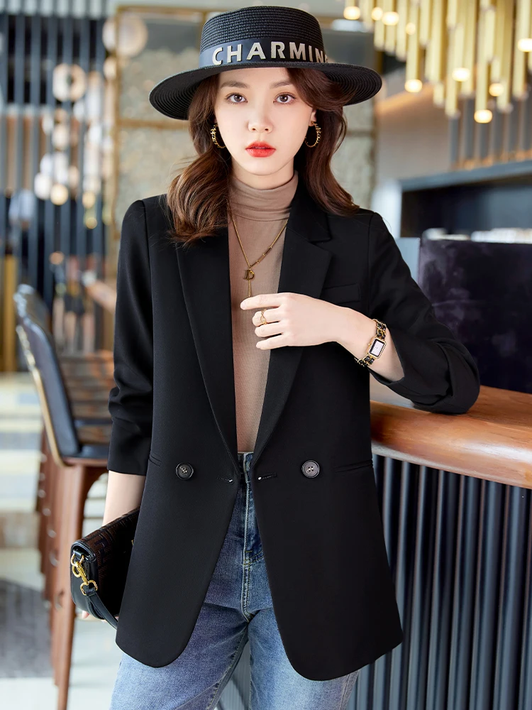 

Black Casual Loose Women's Suit Jacket Spring Autumn 2026 New Korean Design Small Size Fashionable Button Pocket Detail
