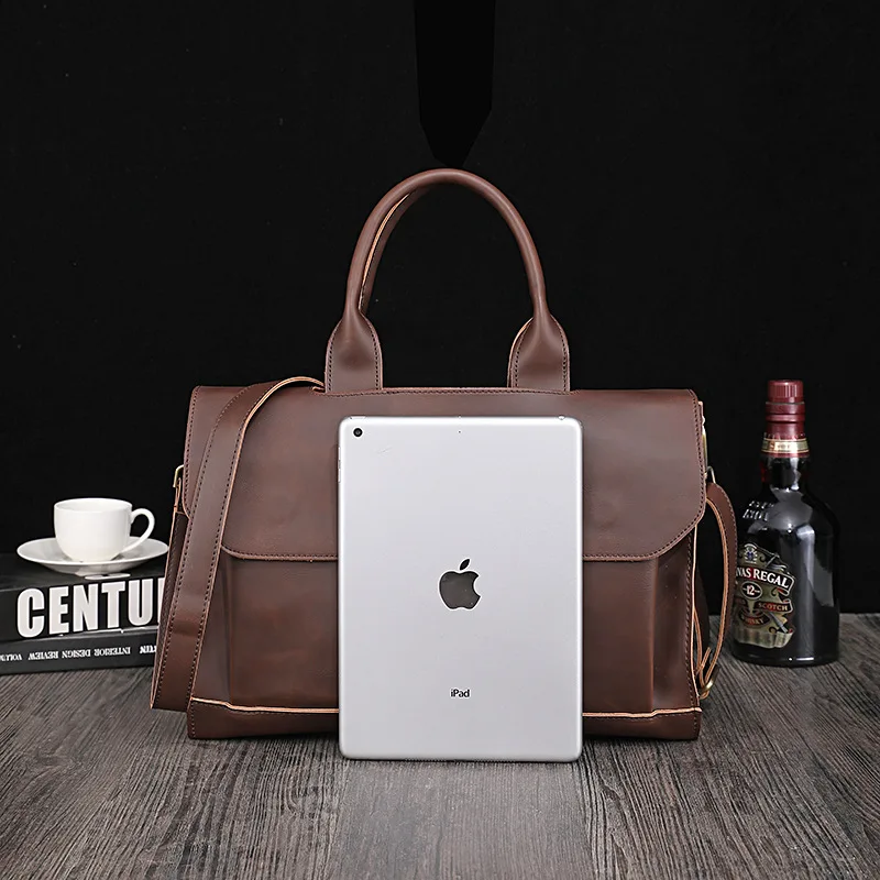 Retro men's handbag, PU leather horizontal square business briefcase, large capacity single-shoulder 14-inch computer bag