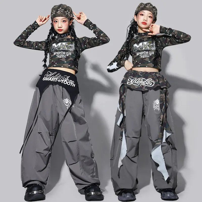 

Hip Hop Jazz Dance Clothes Kid Street Dancewear Girls Kpop Stage Performance Wear Camouflage Top Gray Urban Dance Pants AMY3197