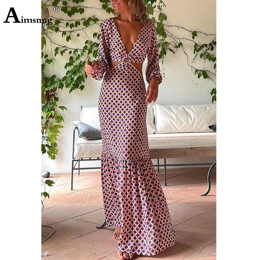 Women Elegant Fashion Deep V-neck Maxi Party Dress Long robe longue femme vestidos 2023 New Sexy Hollow Out Dots Print Dress