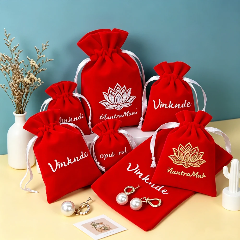 

50/100Pcs Custom Logo Red Velvet Drawstring Pouch Jewelry Earrings Cosmetic Gift Packaging Dust Ribbon Bag Wedding Favors Sack