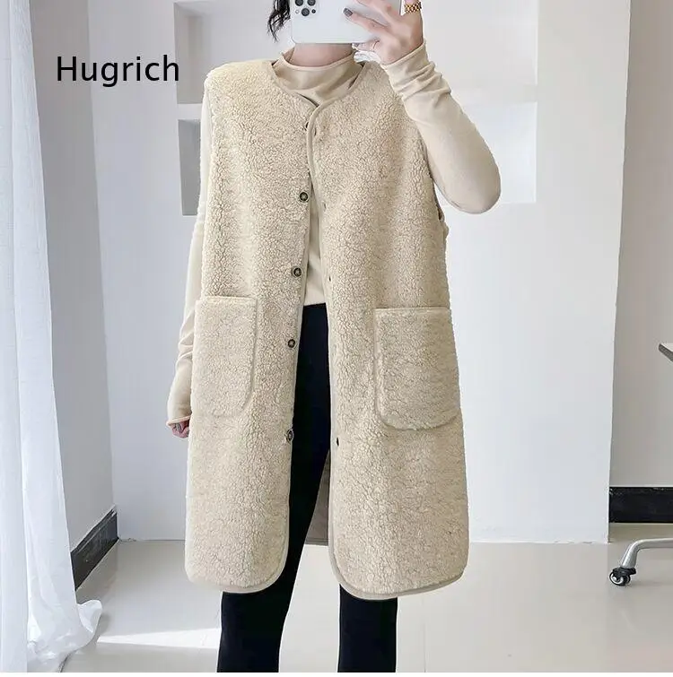 Women Korean Mid Length Faux Lamb Wool Vest Faux Fur Integrated Granular Fleece Sleeveless Gilet Warm Plush Waistcoat For Autum
