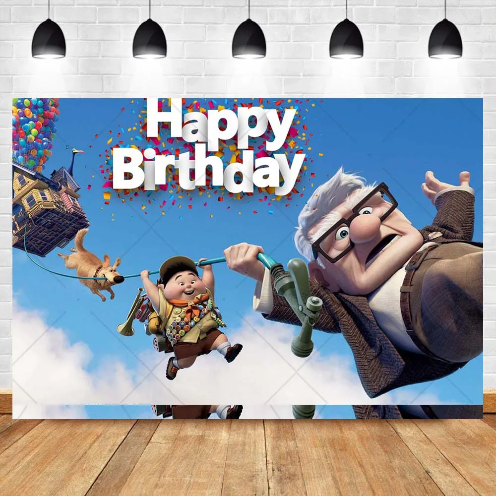 Disney Pixar Movie UP Backdrop Custom Flying House Children Happy Birthday Decoration Banner Baby Shower Photography Background