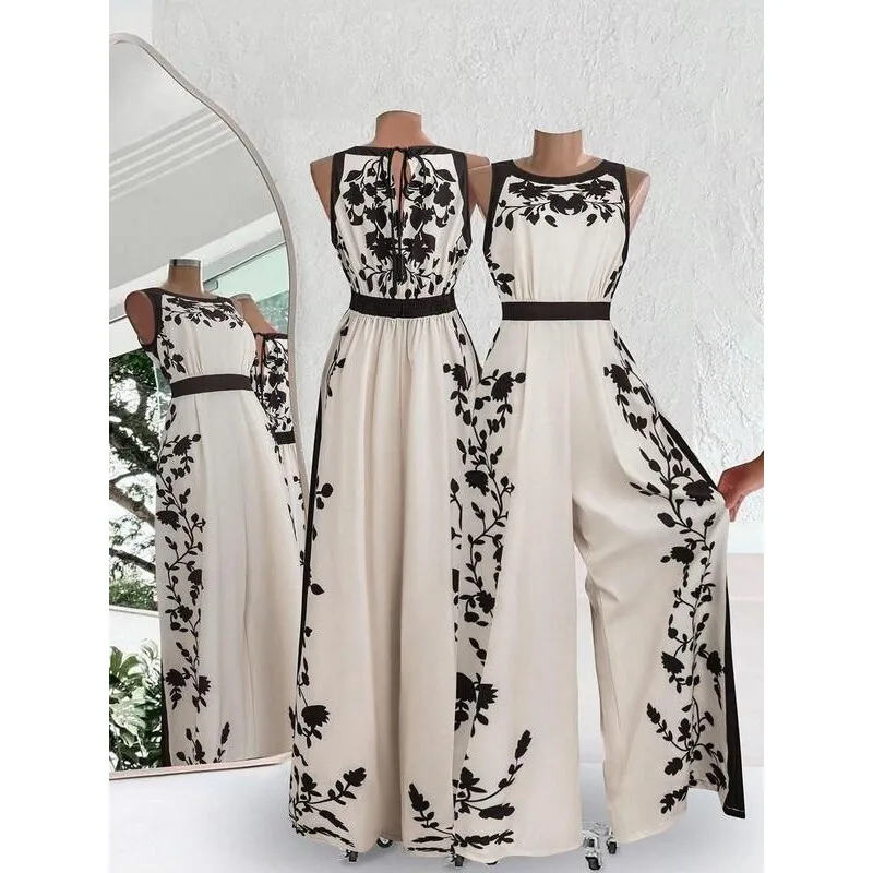 Floral Print Tie Back Wide Leg Jumpsuit Women's Elegant Casual Romper KTV Dress Spring Collection 100% Other Material