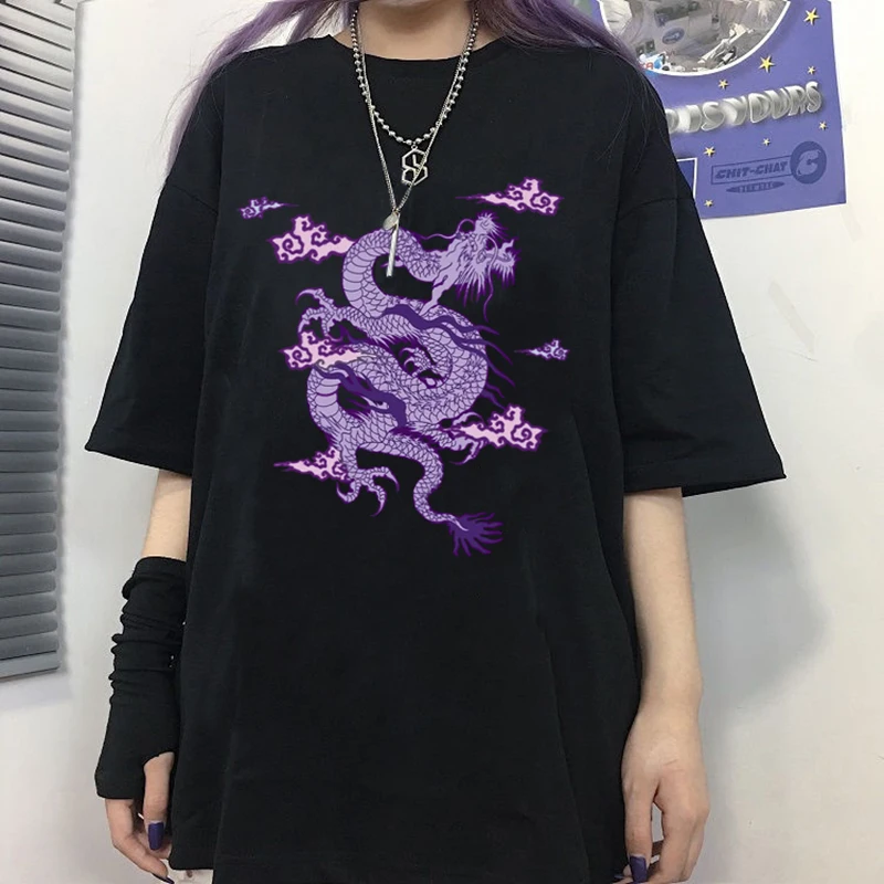 Fashion Streetwear Women's T-shirt Harajuku Retro Purple Chinese Dragon Print T-shirt Summer New Loose Casual Clothes Tops