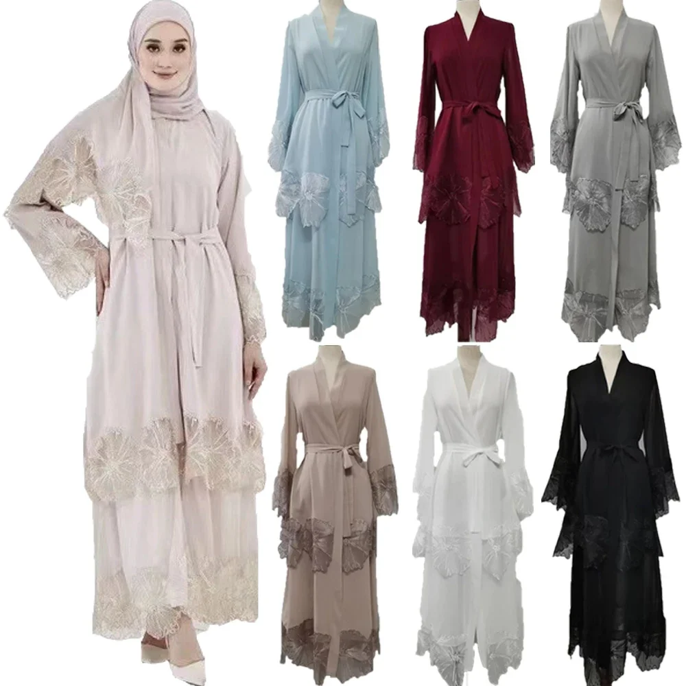 Femmes musulmanes broderie Maxi Robe Eid Ramadan Kimono Cardigan fleur Abaya dubaï turquie caftan vêtements islamiques Robe arabe Robe