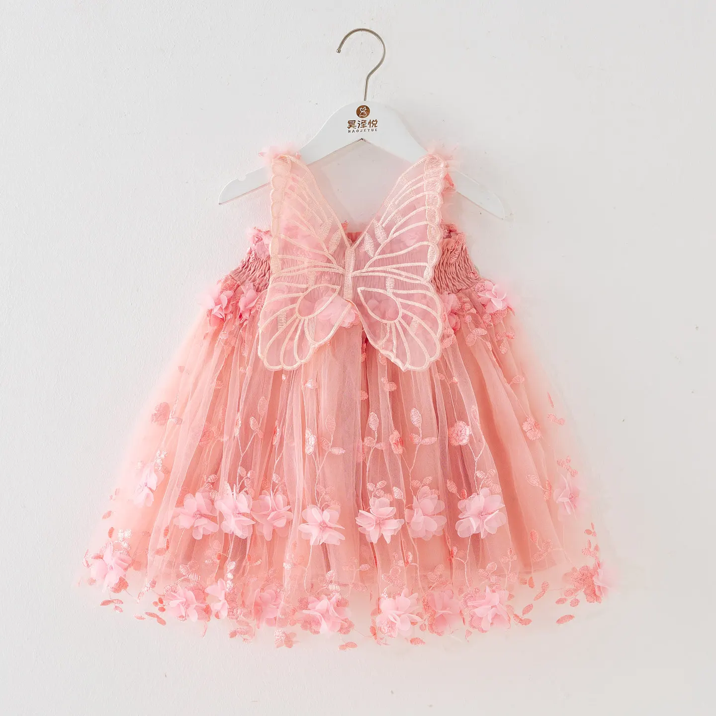 Summer New Butterfly Wing Gauze Baby Girls Dress, Princess Style Birthday Cute Flowers Applique Dress Party Children'S Clothing