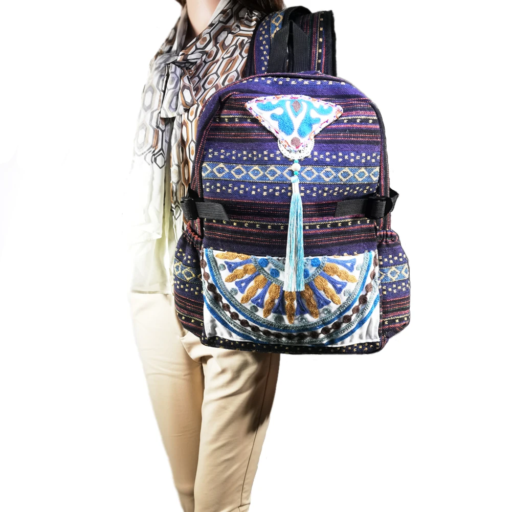 Tribal Vintage Hippie Colorful Travel Backpack Bag For Women Embroidery Pom Charm Hmong Ethnic Bohemian Boho Rucksack SYS-600