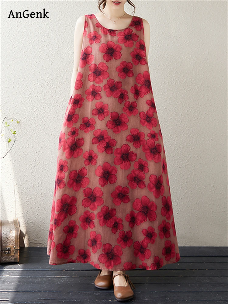 Cotton Vintage Sleeveless Dresses For Women 2024 New Summer Casual Loose Long Print Dress Femme Robe Vestidos Elegant Clothing