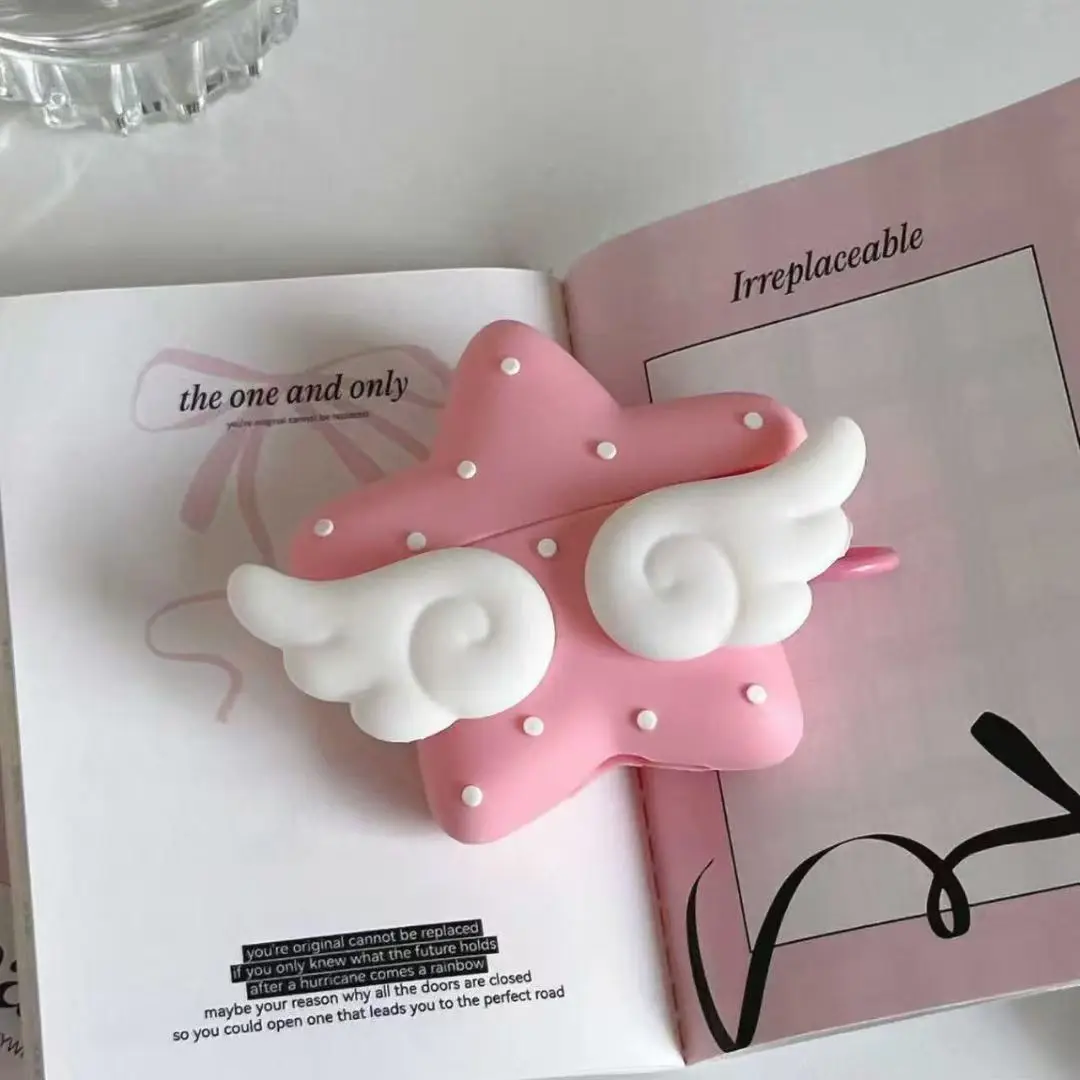 Pink Polka Dot Star 3D Wing Earphone Case For Air Pods 1/2/3/4/Pro,Soft Shockproof Bumper, Lovely Girls Gift