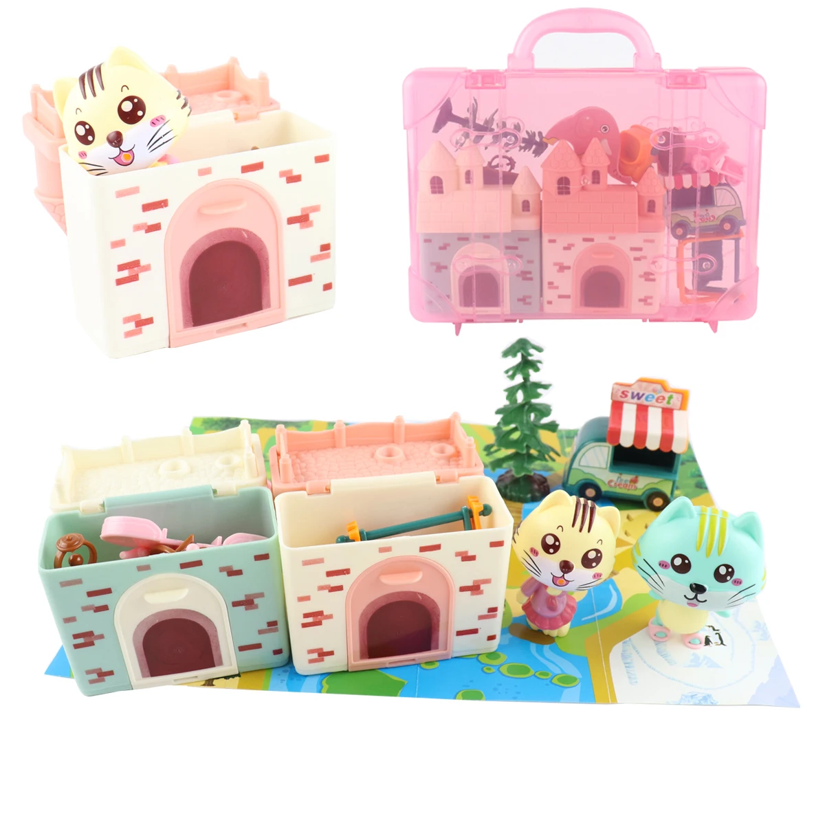 Pretend Play Toy Fashion Mini Pets Cat House Toys For Children Play House Interactive Cat Care Center Toy Accessories Kids new