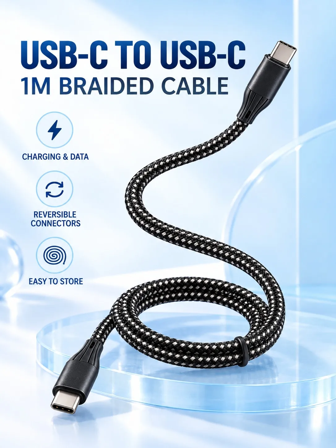 1M USB C to USB C Braided Charging Data Cable for Android Samsung Huawei iPhone 15 Series Tablets Laptops and Power Banks