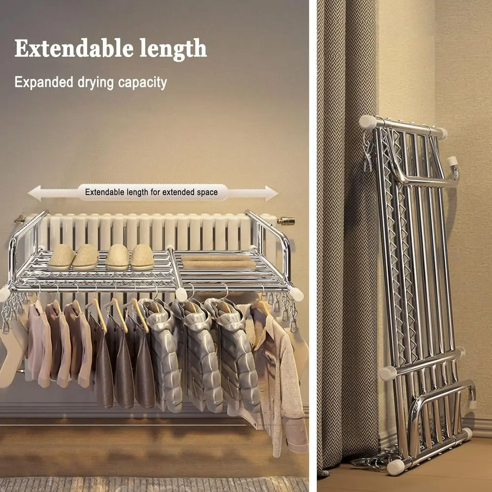 Collapsible Outdoor/Indoor Stainless Steel Clothes Drying Rack with Sock Clips, Heat Resistant, Adjustable for Balcony or Window