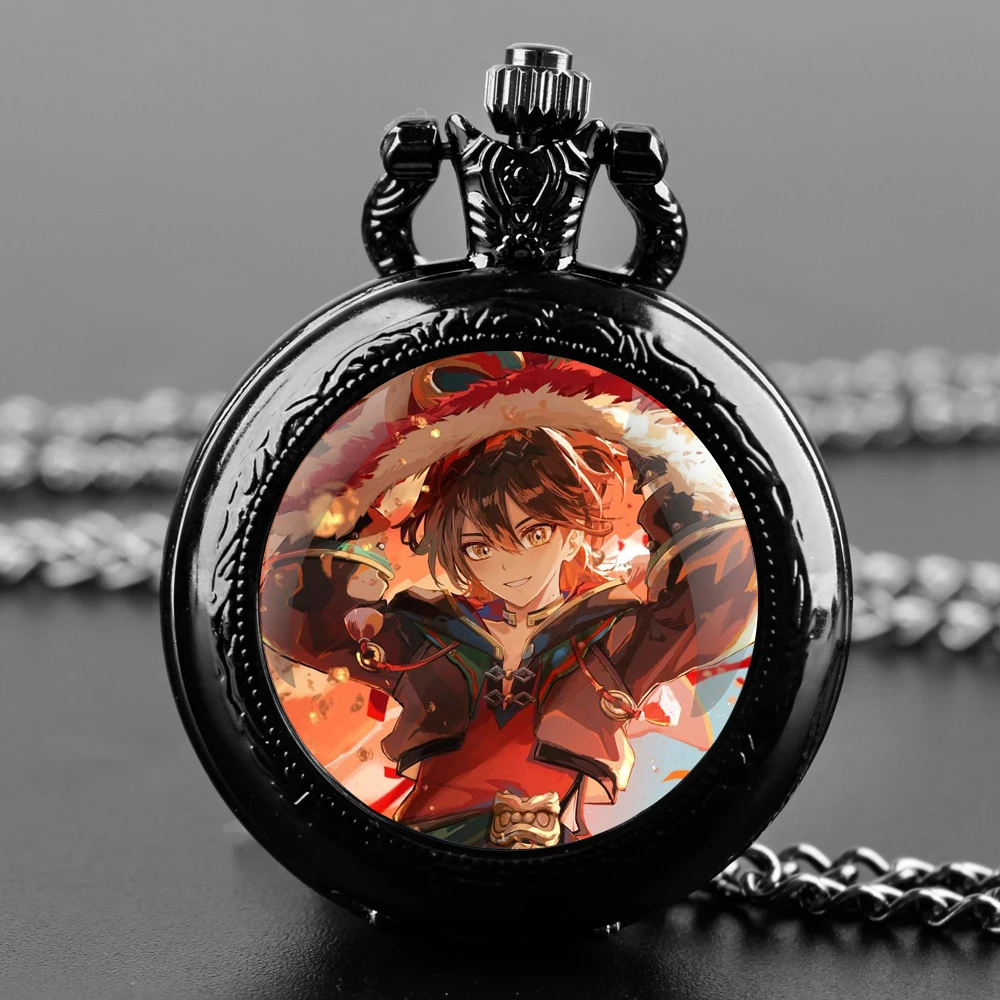 Genshin Impact Quartz Pocket Watch Crystal Dome Reinforced Chain Distinctive Arabic Dial Ideal Present For Gaming Enthusiasts