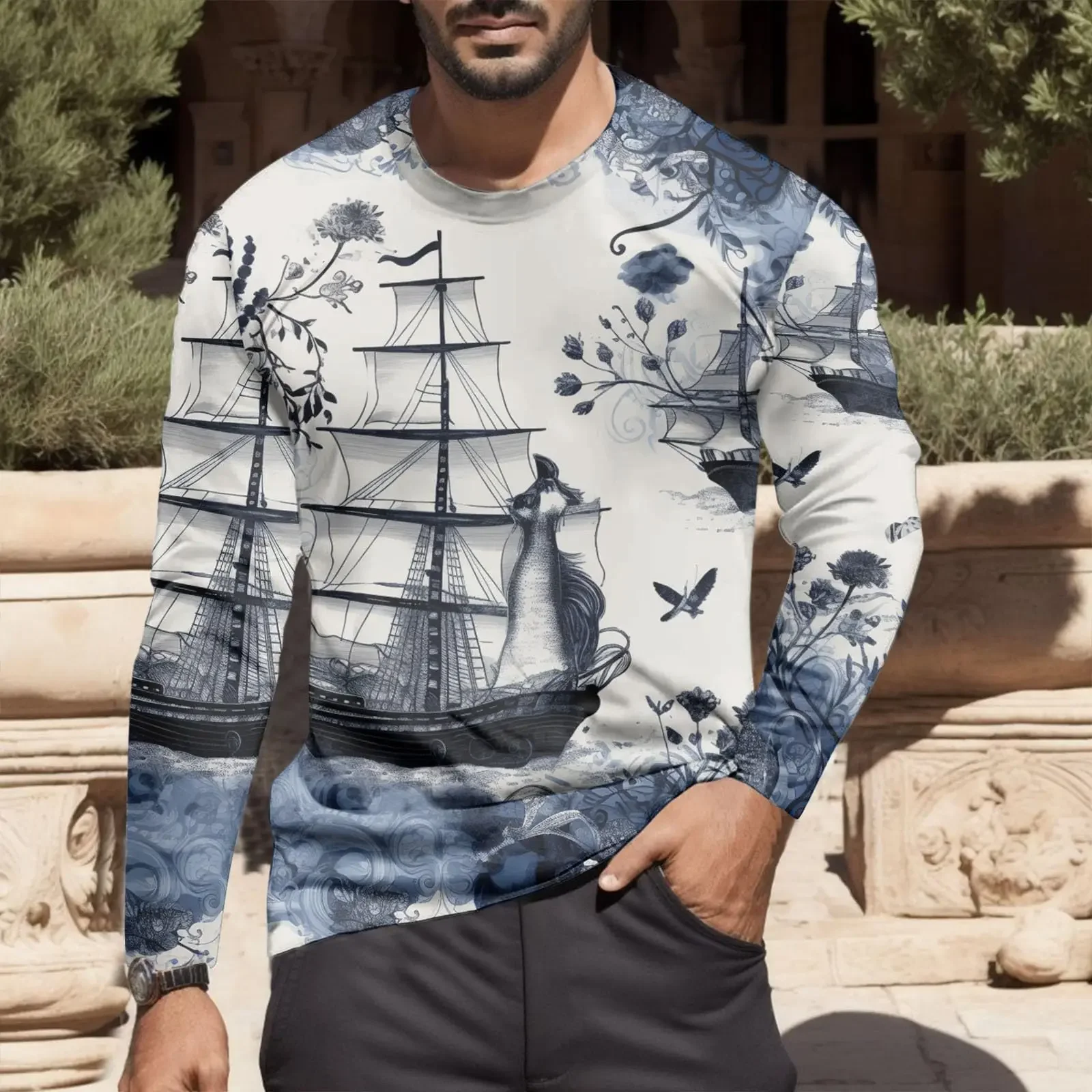 Retro Men's Dry Fit Long Sleev T-shirt Youth Navigation Sailing Ship Print Pattern T-shirt, Man Moisture Wicking Long Sleeve Top