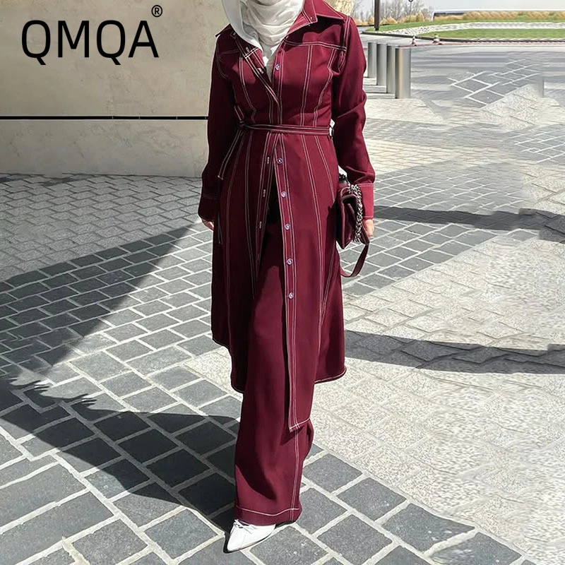 

QMQA Fashion Women's Elegant Spliced Long Trench Lapel Single Breasted Belt Gathered Waist Windbreaker Red Coats 2025 New QM617