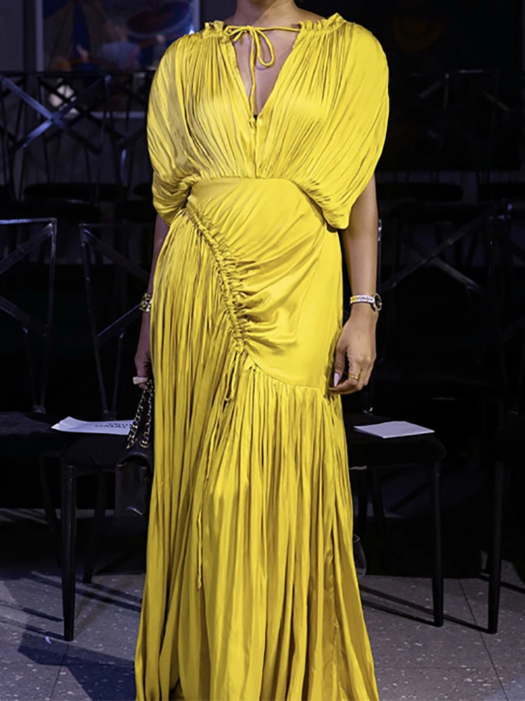 

Spring Summer High Waisted Solid Color Long Dress Casual Short Sleeved Vacation Dresses Women's New O-neck Lace Up Pleated Dress