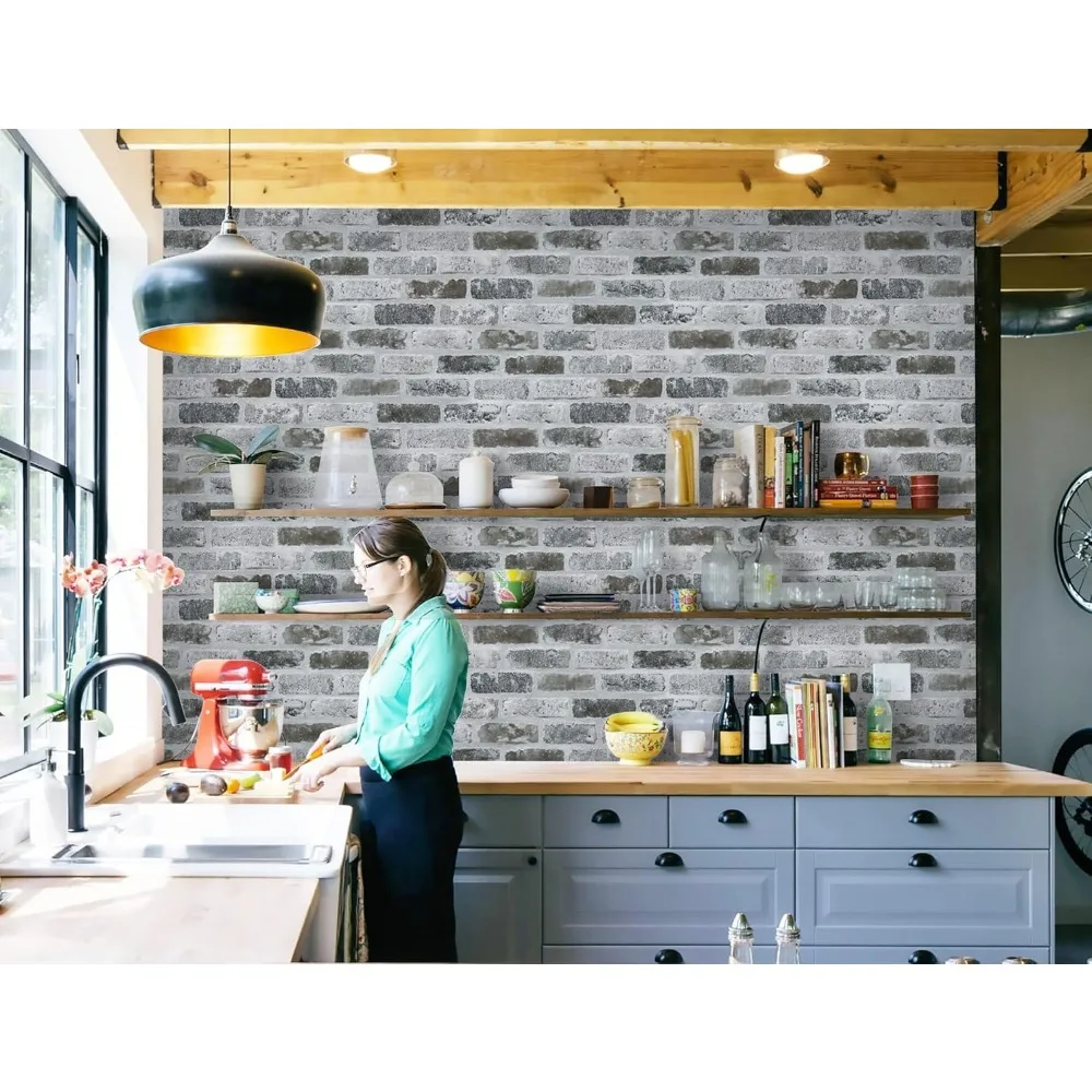 ورق جدران قابل للتقشير واللصق ثلاثي الأبعاد من الطوب الرمادي - ورق اتصال ذاتي اللصق على الطراز العتيق لسهولة تزيين الجدران