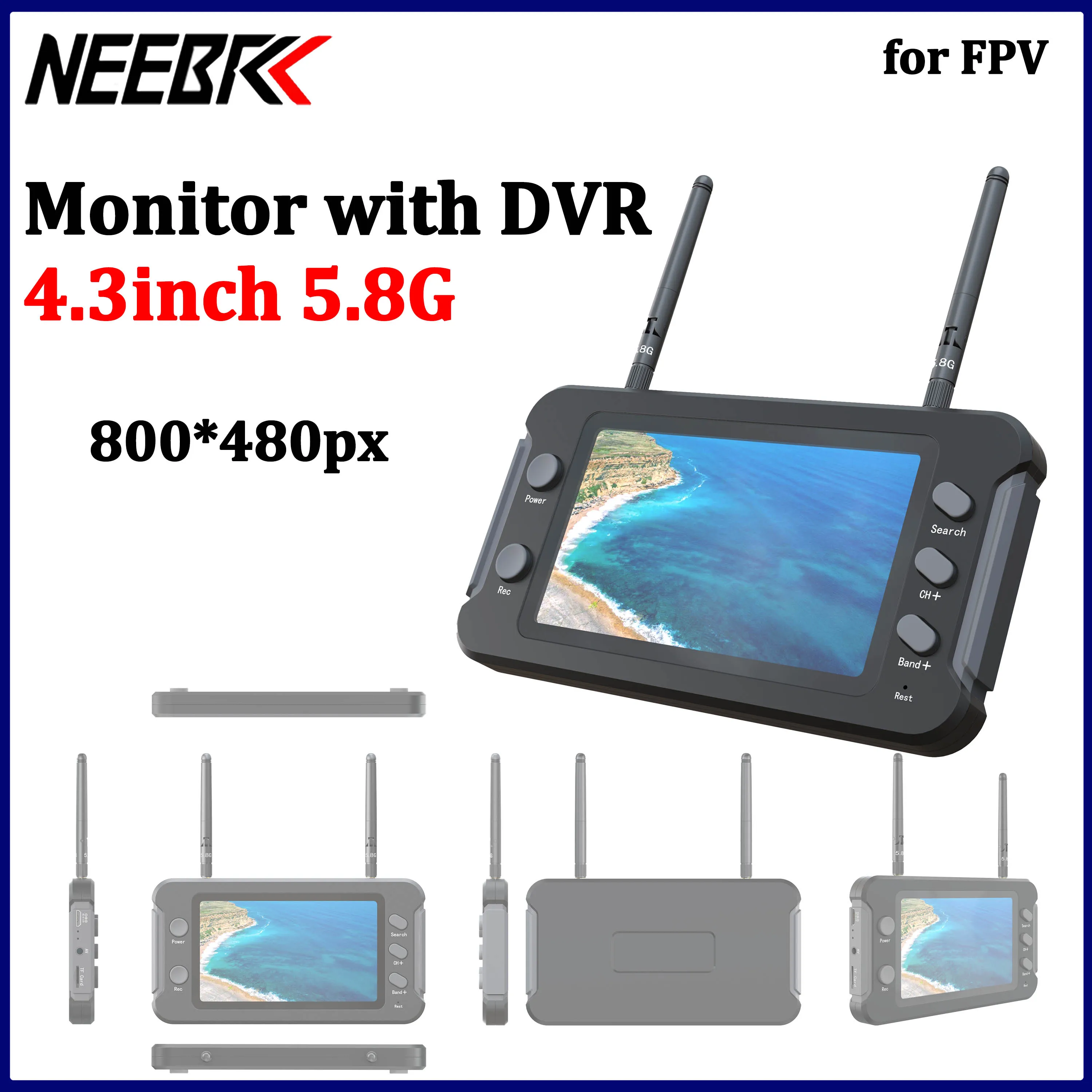 Moniteur FPV 5803 5.8G, 4.3 pouces, IPS 800x480, avec DVR, récepteur à 40 canaux, antennes doubles, écran LCD, batterie intégrée de 1200mAh pour Drone