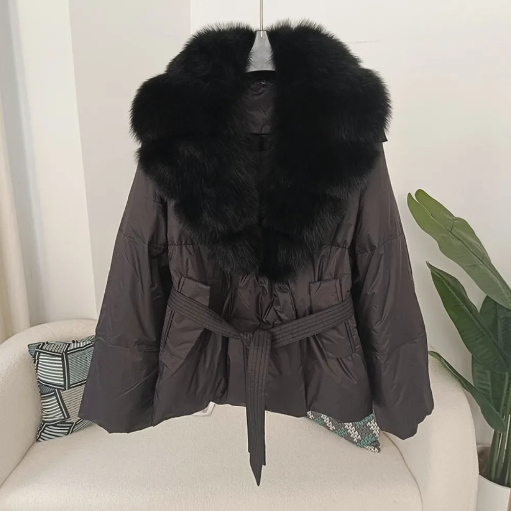 90 Duck Down Jacket 2024 Natural Winter Women\'s Thick Warm Fox Skin Collar Leather Coat Belt Outerwear Loose Street Wear