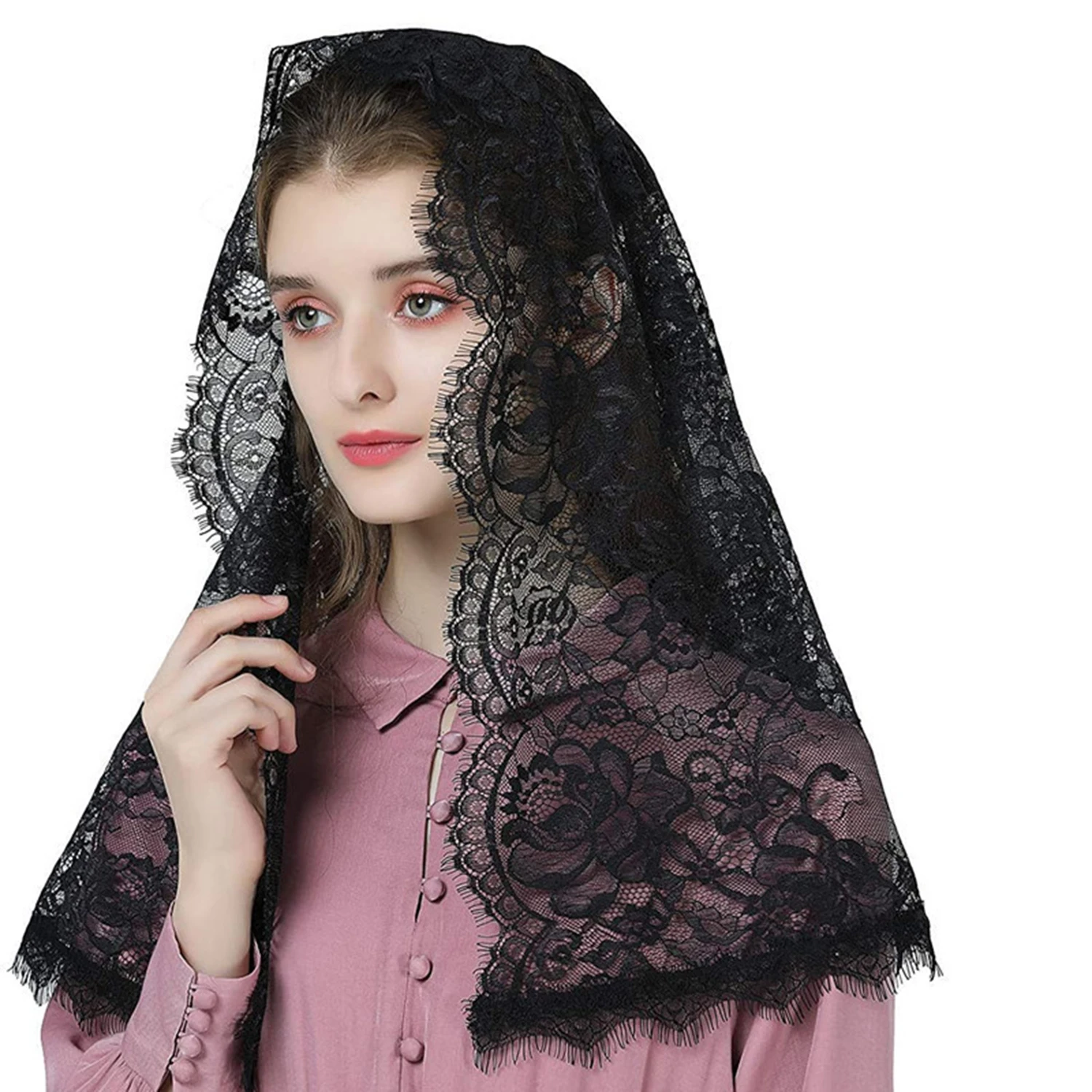 

Lace veils Catholic chapel Mantilla mass embroidered Camellia short shawl women for church worship wedding party