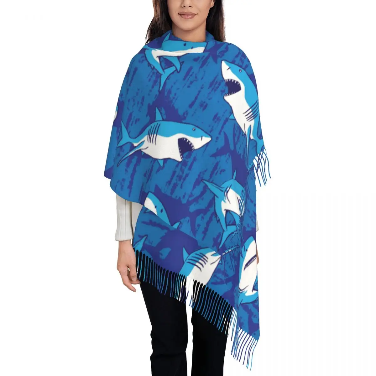 

Bull Shark Print Scarf Ocean Life Animal Warm Soft Shawls Wrpas with Tassel Ladies Popular Large Scarves Winter Custom Bufanda