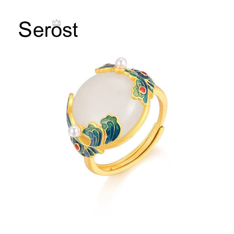 SEROST S925 Silver Inlaid Natural Hotan Enamel Pearl Ring Adjustable