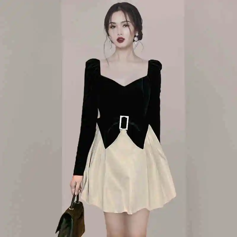 Elegant Women Party Prom Dresses Contrast Patchwork Bow Dress Spring Fashion Korean Clothing 2023