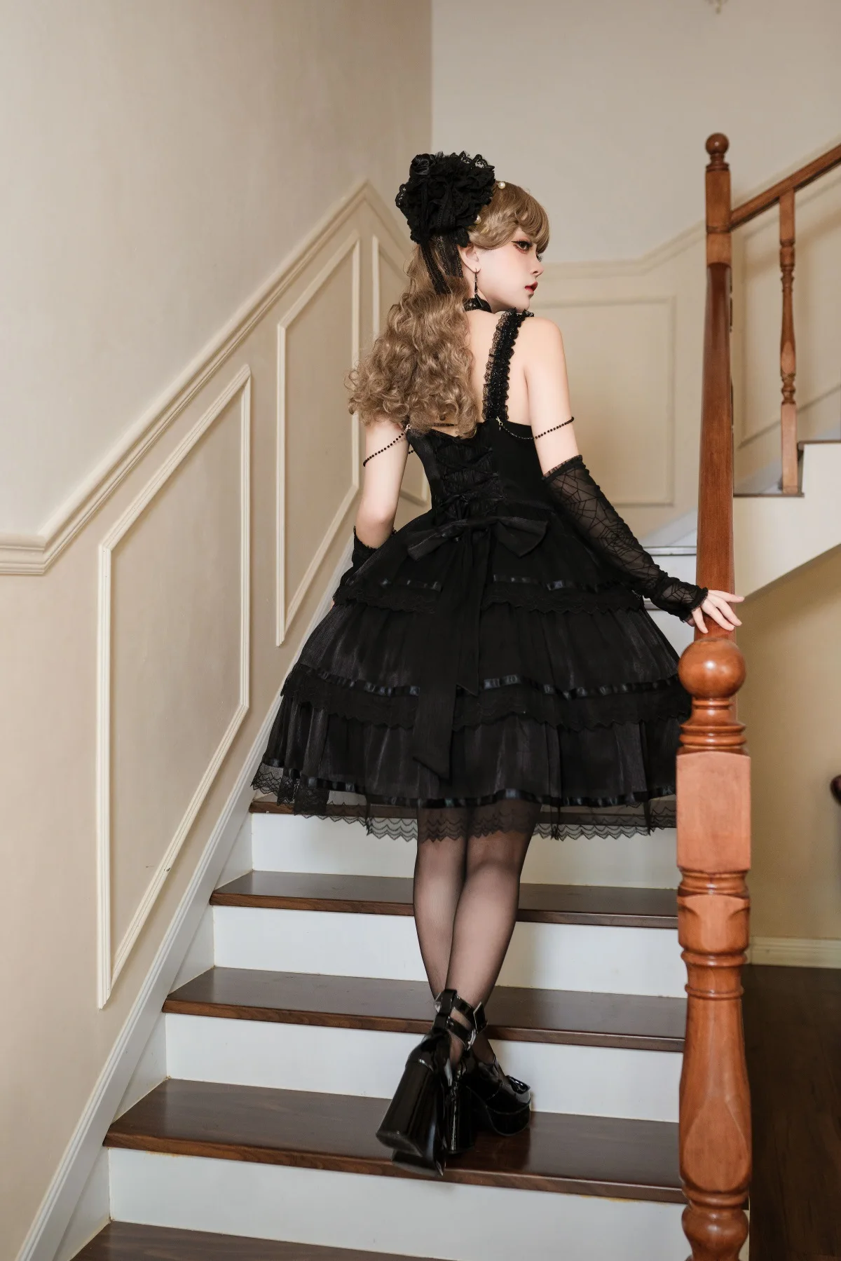 Lolita Jsk Pearl Elegant Ribbon Ruffles Lace Neck Suspender Dress Cool Girl New Temperament Square Bow A-line High Waist Dresses