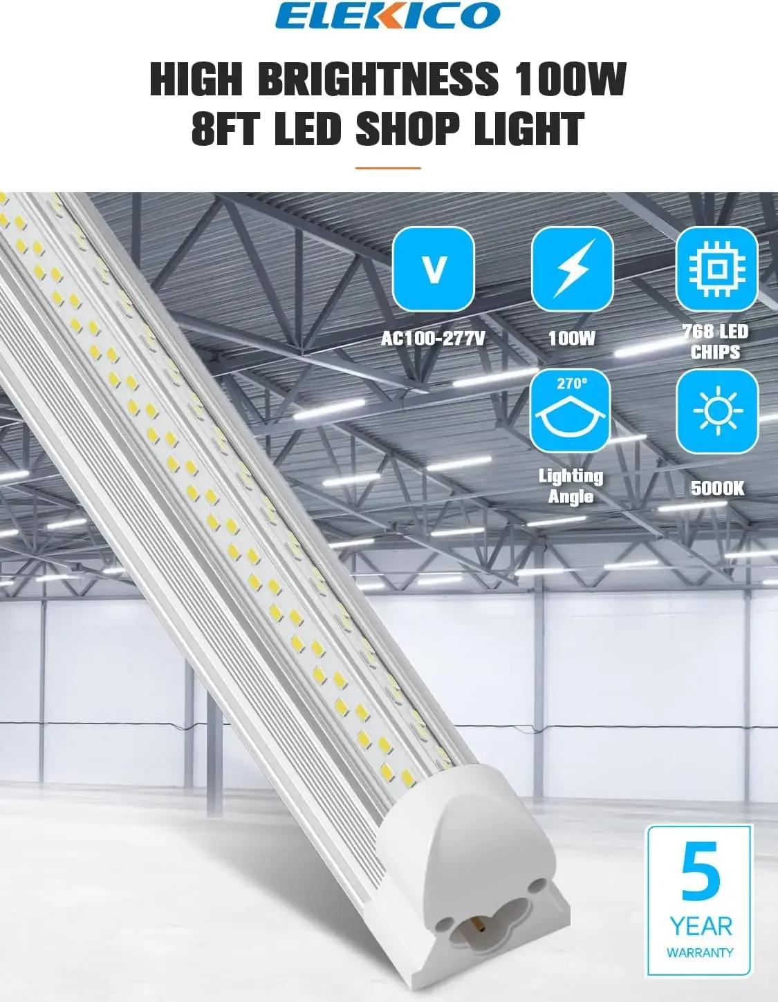 LED Shop Light, Super Bright 100W Shop Lights, 15000LM 5000K 8 Foot Led Lights, Linkable 96