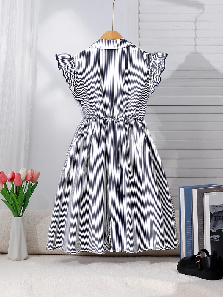Spring And Summer Girls' Casual Cute Bow Decoration High Collar Petal Sleeves Fluffy Dress