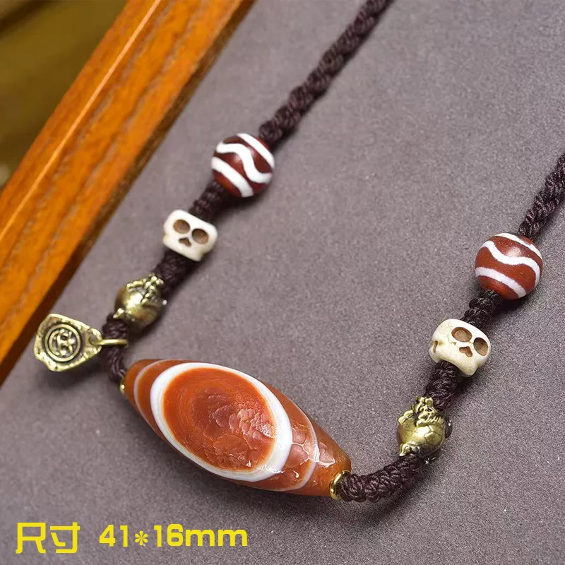 Natural Agate Red Medicine Pendant Sweater Chain with Water Pattern Bead Accessory and Braided Rope Necklace