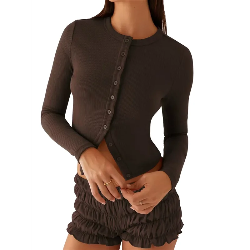 

CYL-Womens Long Sleeve Tops Fall Light-Weight Cardigan Cropped Going Out Shirts Ribbed Button Down Cute Trendy