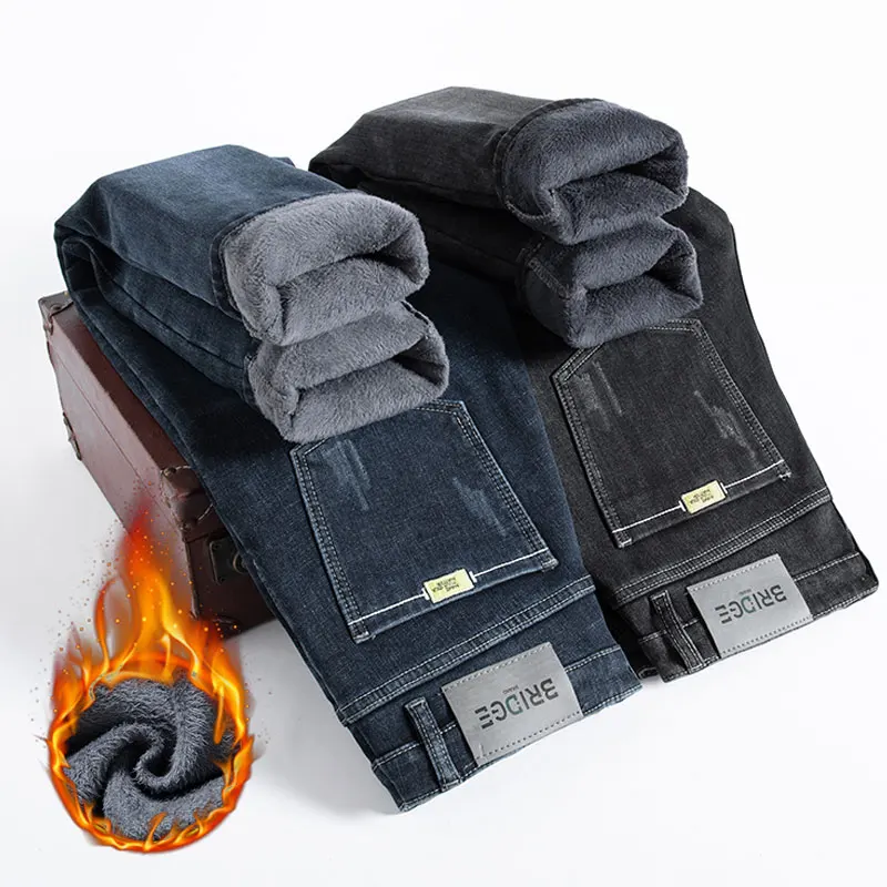 

Men's Thickened Winter Jeans Elastic Comfortable Fashionable Business Casual Pants Warm Velvet Denim Trousers Cozy Male Brand