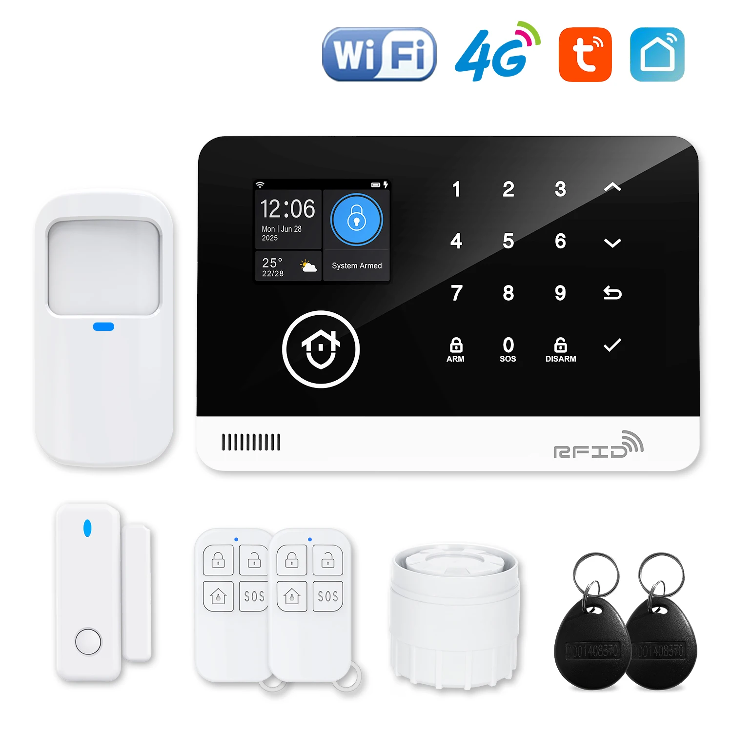 

Комплект домашней охранной сигнализации WiFi GSM, сирена 120 дБ, датчик движения, пульт дистанционного управления, совместимость с Alexa (12 элементов)