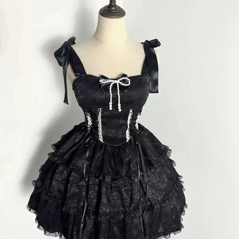 Lolita Sweetheart Carino Camis Dress Donna Patchwork di pizzo Jacquard Abito a strati Jk Cosplay Kawaii Coulisse Abiti da festa