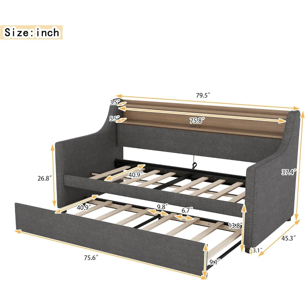 سرير نهاري منجد مزدوج من softsea مع دولاب، وسرير نهاري منجد مع لوح أمامي لخزانة الكتب ومنافذ USB وأضواء LED، قماش كتان د #2