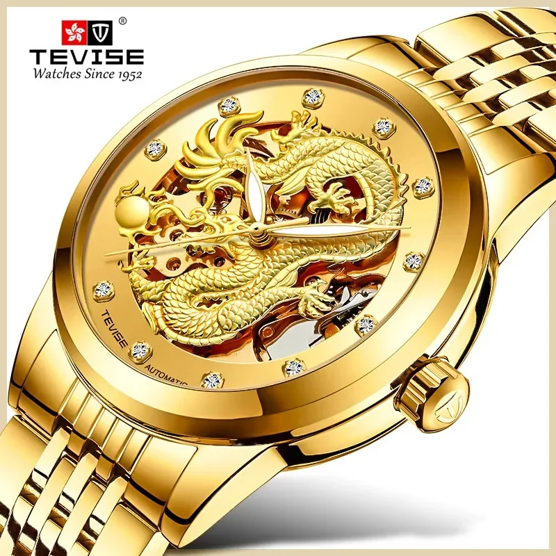 Men Business Tourbillon Hollow Automatic Mechanical Watch Fashion Gold Dragon Diamond Watch Waterproof Luminous Man Sports Watch