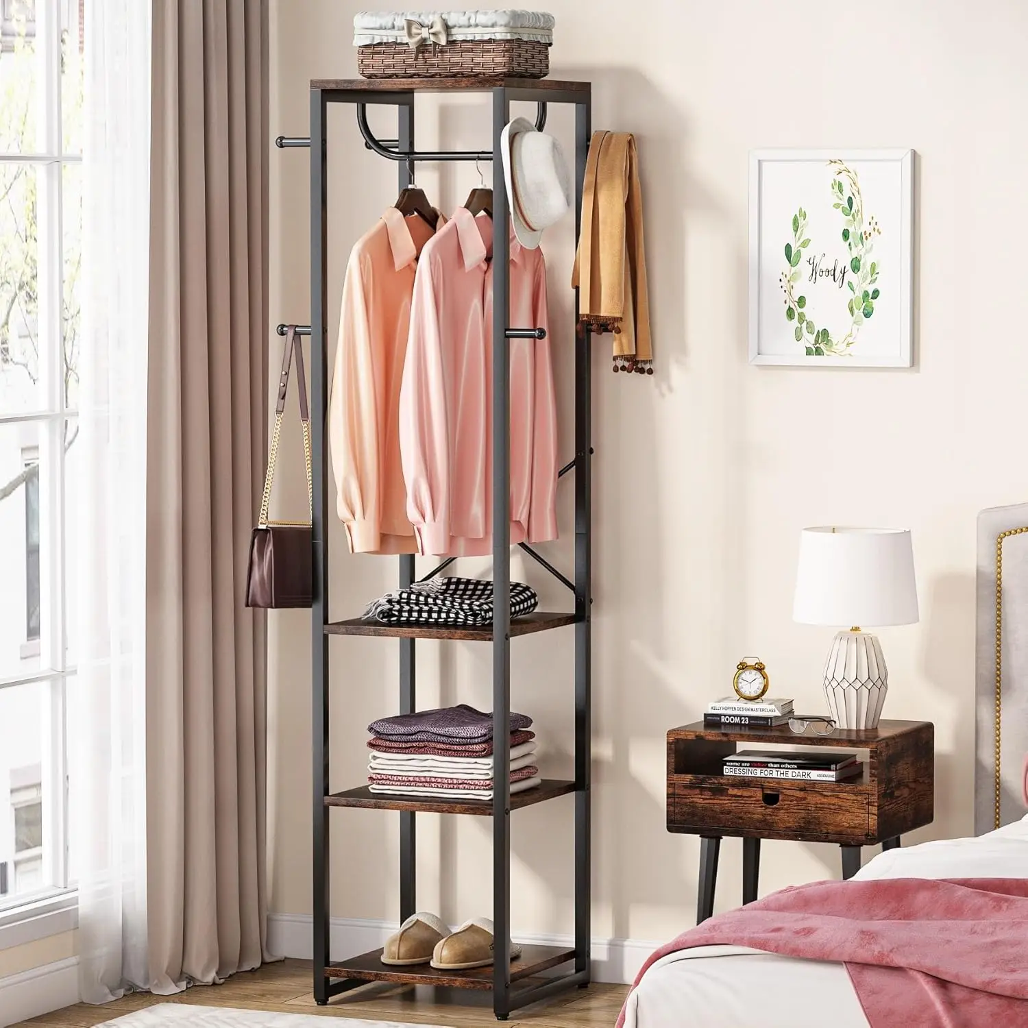 Coat Rack Freestanding with Shelves,Industrial Hall Tree with 4 Shelves and 8 Hooks,Standing Small Clothes Rack Closet Organizer