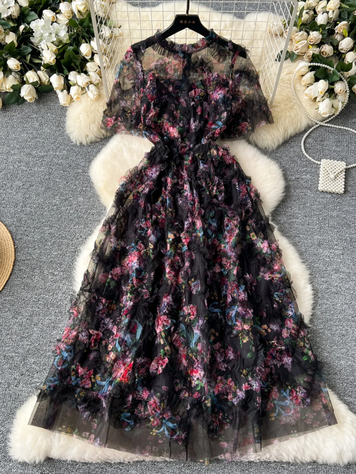 Runway Summer Autumn Holiday Floral Midi Tulle Prom Dress Women Layers Ruffles Cake Dresses Long Party Vestidos Quality