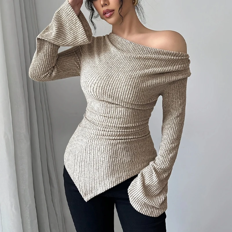 

V Neck Tee Shirts Tops Streetwear2025 Women Autumn Winter Long Sleeve Crop Top Trendy Off Shoulder Asymmetrical Fitted Knit