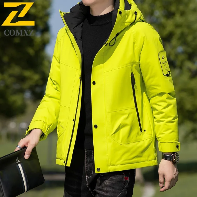 COMXZ Luxury Men Down Jacket Classic Hood Outdoor Working Cold Protection Puffer Jacket Leisure Business Comfortable Winter Coat