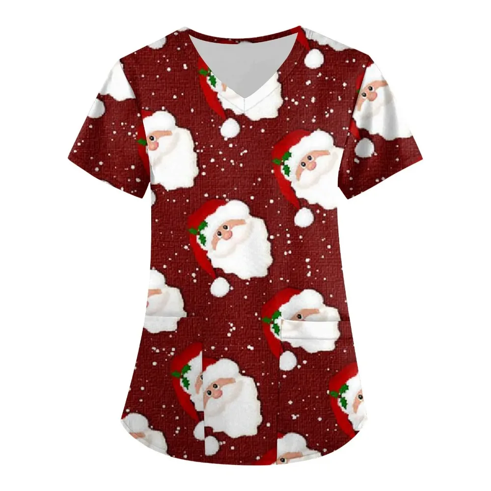 Christmas Women Nursing Scrubs V-neck Pocket T-shirt Scrubs Uniforms Clothing Plus Size Tops Short Sleeve Santa Claus Tops Xmas