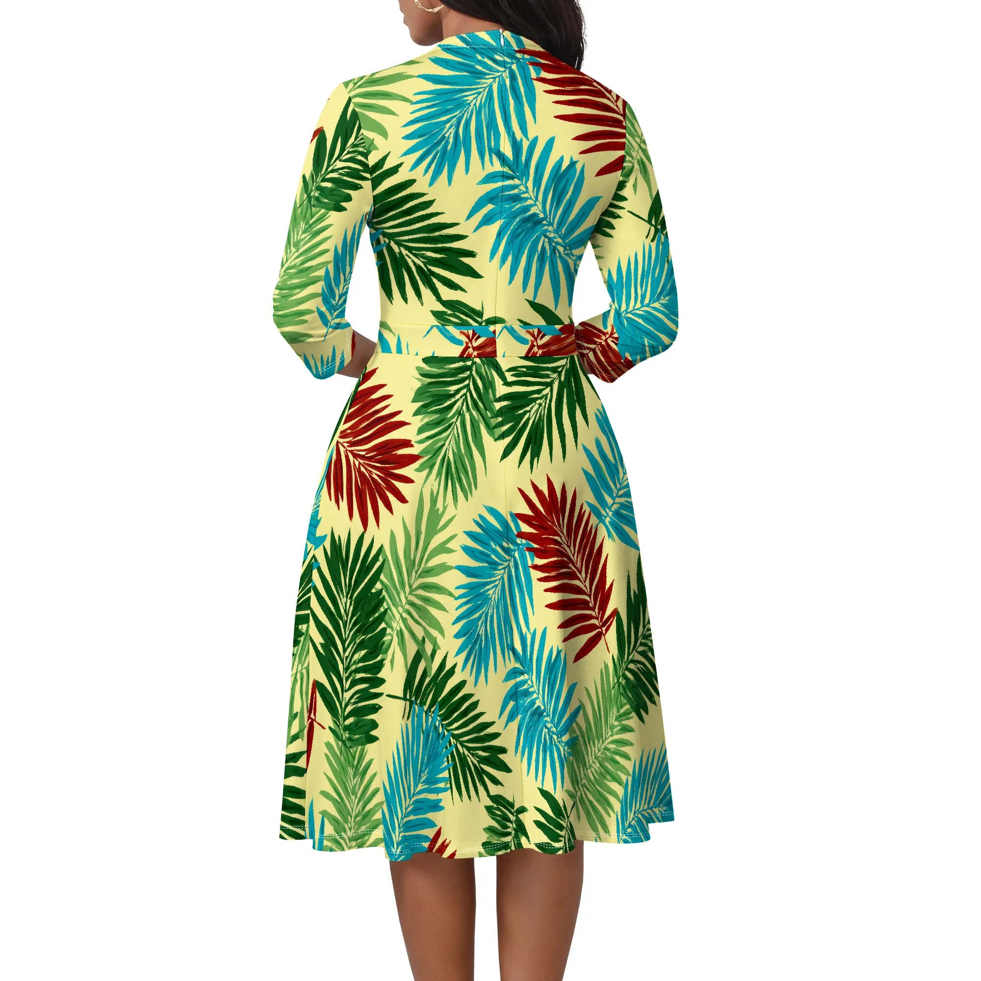 ผู้หญิงElegant 3/4 Sleeveเซ็กซี่สูงเอวVคอRuffleชุดA-Line Flowy Sundressค็อกเทลปาร์ตี้Midiชุด