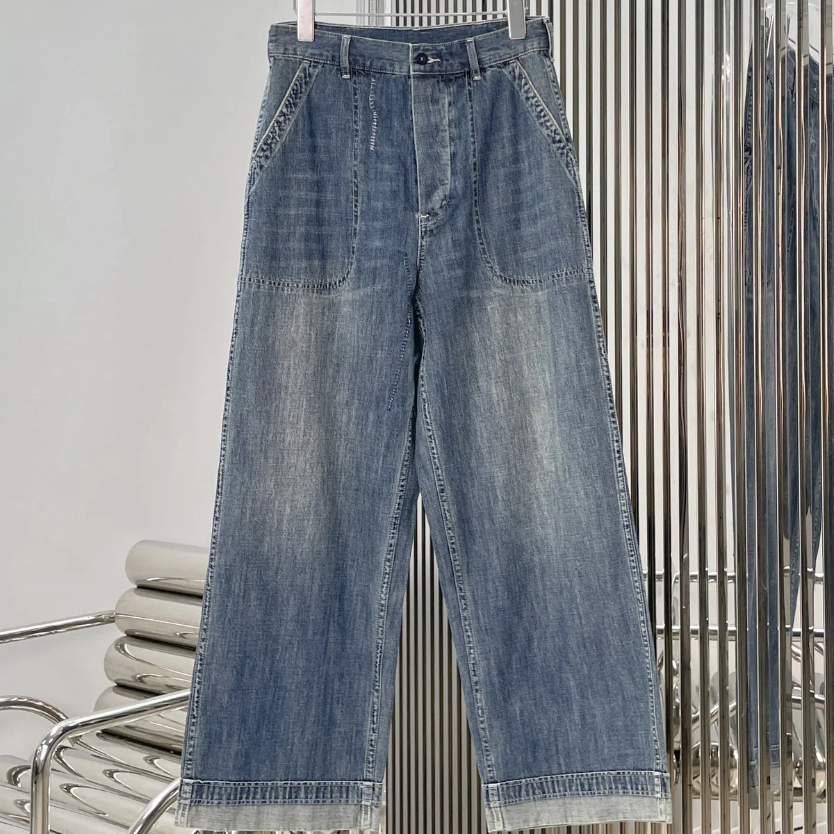High Quality Women Vintage Blue Wide Leg Jeans Mid Waist Cuffed Hem Patch Pocket Zipper Button Long Trousers lyt127786